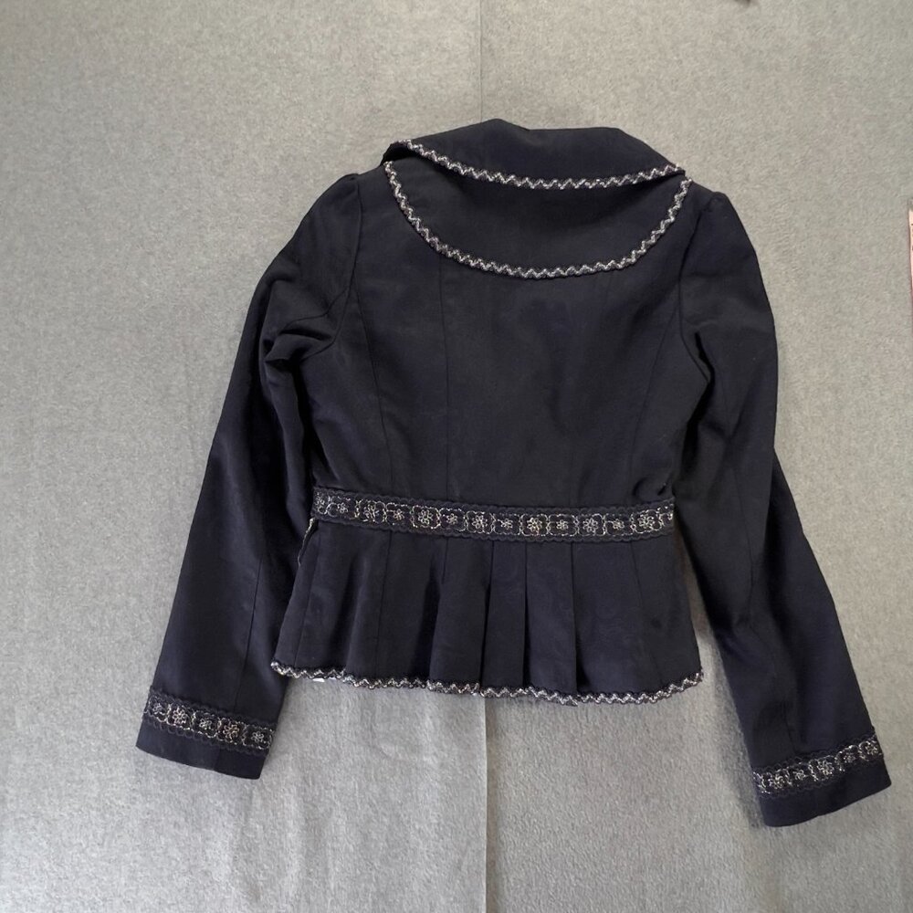 Vintage Y2K Blue Lace Sequence Trim Blazer Sz XS Victorian Cropped Whimsical - Picture 7 of 11